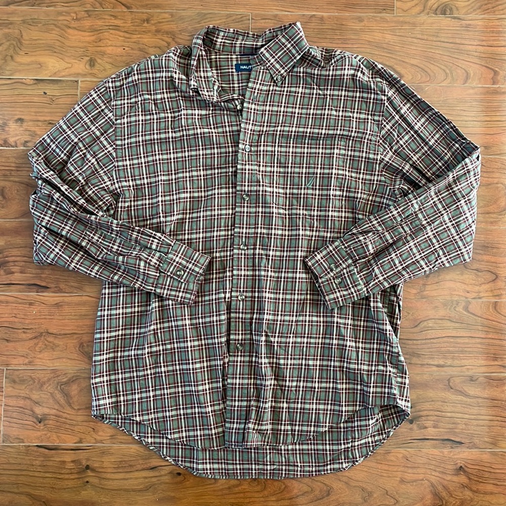 Nautica Brown and Red Button Down Long Sleeve Flannel Shirt